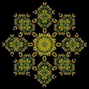 Fine art floral decorative and symmetrical fractal color pattern made from macros of yellow dark green red tulips