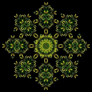Fine art floral decorative and symmetrical fractal color pattern made from macros of yellow dark green red tulips