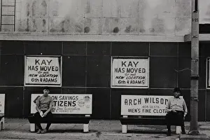 City Living Prints: Fine black and white art photography from the 1970s of men waiting for a bus on benches