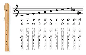 Stave Prints: Fingering chart for recorder with black covered holes and white uncovered
