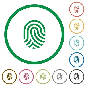 Biometric Prints: Fingerprint flat color icons in round outlines on white background