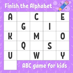 Finish the alphabet. ABC game for kids. Education developing worksheet. Learning game for kids. Color activity page