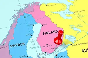 Pinned Prints: Finland, Helsinki - capital city, pinned on political map