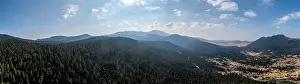 Boeotia Prints: Fir forest landscape Parnassos Mountain wide panorama aerial drone view, blue cloudy sky