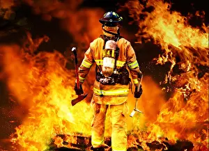 Flames Prints: Firefighter searching, fireman accessing a fire