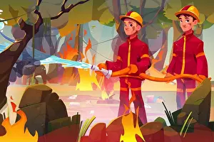 Litter Prints: Firemen with hose extinguishing fire in forest
