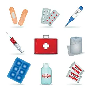 Thermometer Prints: First aid kit supply emergency medical products realistic set with elastic bandage antiseptic wipes isolated vector