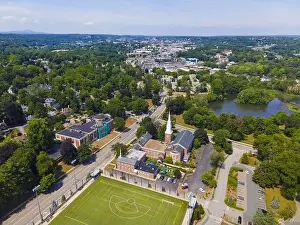 Worcester Prints: First Baptist Church aerial view at 111 Park Avenue and Salisbury Pond in summer in Downtown Worcester
