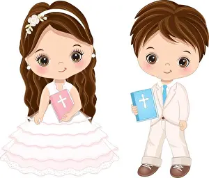 Confirmation Prints: First Communion for Kids. Vector 1st Communion for Cute Little Girl and Boy
