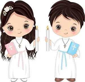 Confirmation Prints: First Communion for Kids. Vector 1st Communion for Cute Little Girl and Boy