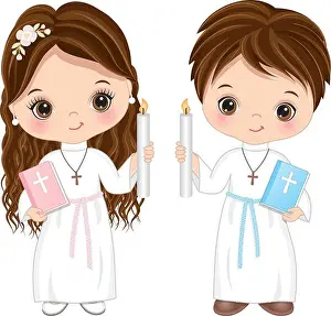 Confirmation Prints: First Communion for Kids. Vector 1st Communion for Cute Little Girl and Boy