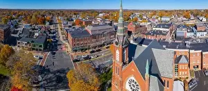 First Congregational Church aerial view in fall with foliage at 2 E Central Street in historic town center of Natick