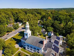 Concord Prints: First Parish Church aerial view at 20 Lexington Street in historic town center of Concord