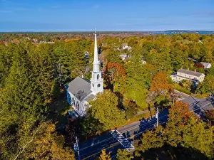 American United Prints: First Unitarian Church with fall foliage aerial view at 223 Main Street