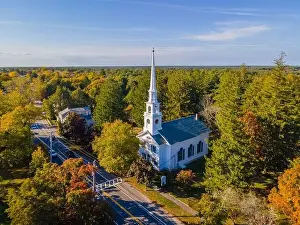 American United Prints: First Unitarian Church with fall foliage aerial view at 223 Main Street