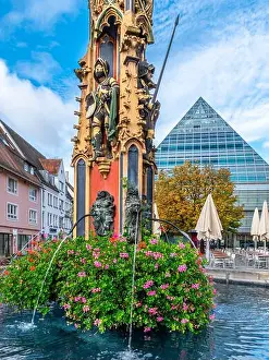 Architectural History Prints: Fischkastenbrunnen and Ulm Central Library, City Library, Ulm, Baden-Württemberg, Germany