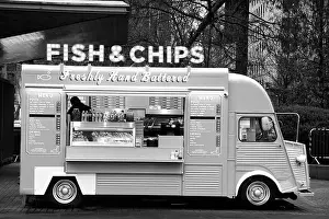 Thames River Prints: Fish and Chips food truck on the Southbank of the Thames in London, England