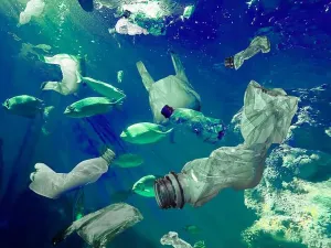 Plastic Pollution Prints: Fish swimming among plastic garbage in sea. Environmental pollution