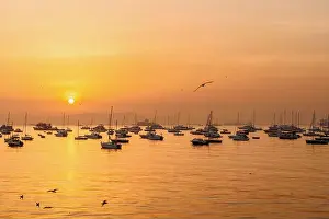 Bombay Prints: Fisherman boats in water of Arabian Sea on sunrise. Mumbai. India