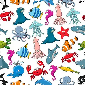 Starfish Prints: Fishes and ocean and sea animals vector seamless pattern of seal and clown fish or flounder