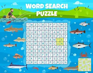 Catfish Prints: Fishing sport word search puzzle game vector worksheet and kids quiz grid