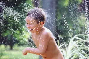 Sprinkler Prints: FL6120, Silver Parrot Studio; Boy Running Through Sprinkler