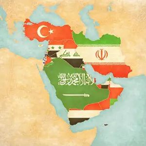 Arabian Peninsula Prints: Flags of all countries on the map of Middle East (Asia) in soft grunge and vintage style