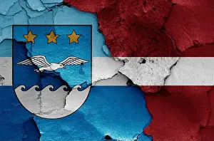 Latvia Prints: flags of Jurmala and Latvia painted on cracked wall