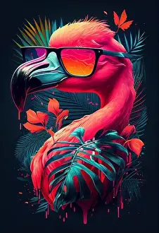 Surf Beach Prints: Flamingo portrait. Brightly colored Pink Flamingo with glasses for summer vibes
