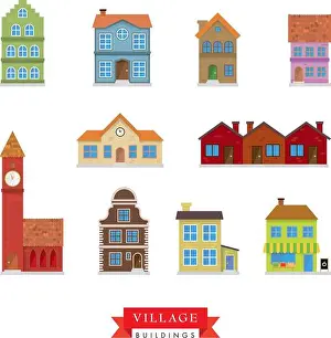 Row House Prints: Flat design buildings typical of old villages