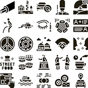 Glyph Prints: Flat glyph icons illustrating various concepts including data