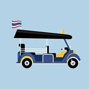 Flat Tuk tuk in Thailand vector with Thai flag and isolated background.Thai taxi vector