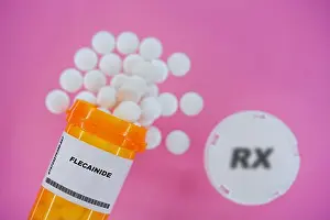Pills Prints: Flecainide Rx medicine pills in plactic vial with tablets