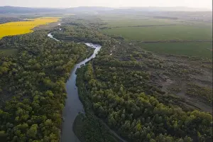 Flight through majestic river Dnister, lush green forest and blooming yellow rapeseed fields at sunset time. Ukraine, Europe. Landscape photography