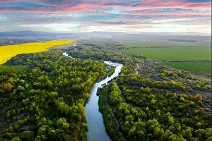 Flight through majestic river Dnister, lush green forest and blooming yellow rapeseed fields at sunset time. Ukraine, Europe. Landscape photography