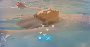 Meditative Prints: Floating woman in swimsuit at outdoor pool, with heart icons, blue bubble showing 56