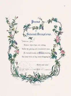 Floral Art Prints: Floral frame. Plate featuring intricate flower arrangements with decorative text from John Milton's works