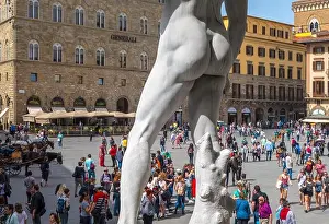 Della Prints: Florence Italy. David by Michelangelo in the Piazza della Signoria Square Florence with tourists