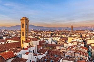 Images Dated 15th December 2021: Florence, Italy historic cityscape with church bell towers at dusk