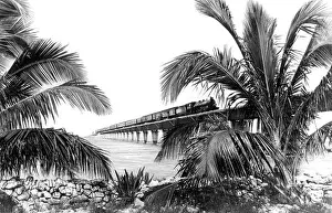 Locomotives Prints: Florida East Coast Railway train traveling along Overseas Extension bridge
