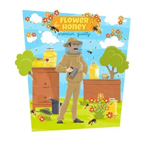 Honeycomb Prints: Flower honey beekeeping and beekeeper at beehives