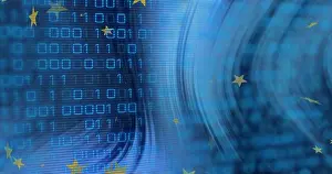 Vortex Prints: Flowing blue digital scene showing binary digits matrix and golden stars in abstract environment