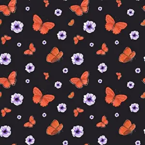 Anemone Prints: Fluttering orange butterflies and lilac anemone flowers