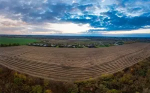 Wheat Field Prints: Flying over a field of growing wheat. Aerial panoramic drone shot