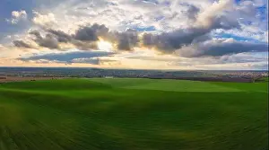 Beds Prints: Flying over a field of growing wheat. Aerial panoramic drone shot