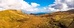 Isle Of Skye Prints: Flying over the mountain pass road on the top of Quiraing from Staffin to Uig - Isle of Skye