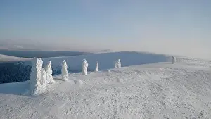 Flying above snow covered unusual pillars on a clear blue sky background. Clip. Forest and snow covered valley