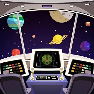 Shuttle Prints: Flying spaceship cabin futuristic interior cartoon with space backdrop vector illustration