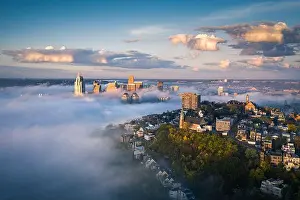 Business District Prints: Fog at Cincinnati downtown aerial view, Ohio, USA skyline