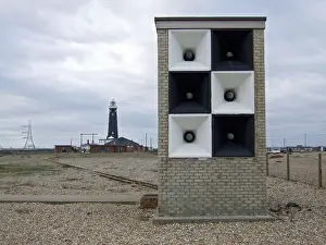 Fog horn near The Old Lighthouse, Dungeness, Kent England UK